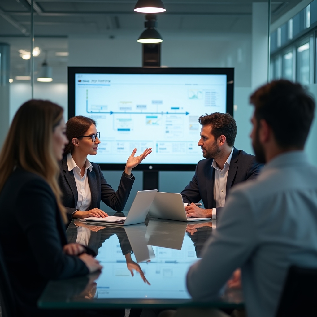 B2B software marketing and sales colleagues comparing pipeline reports in a meeting room