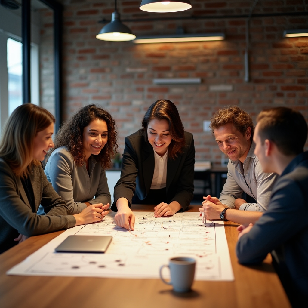 Marketing team gathered around a table during an attribution mapping workshop