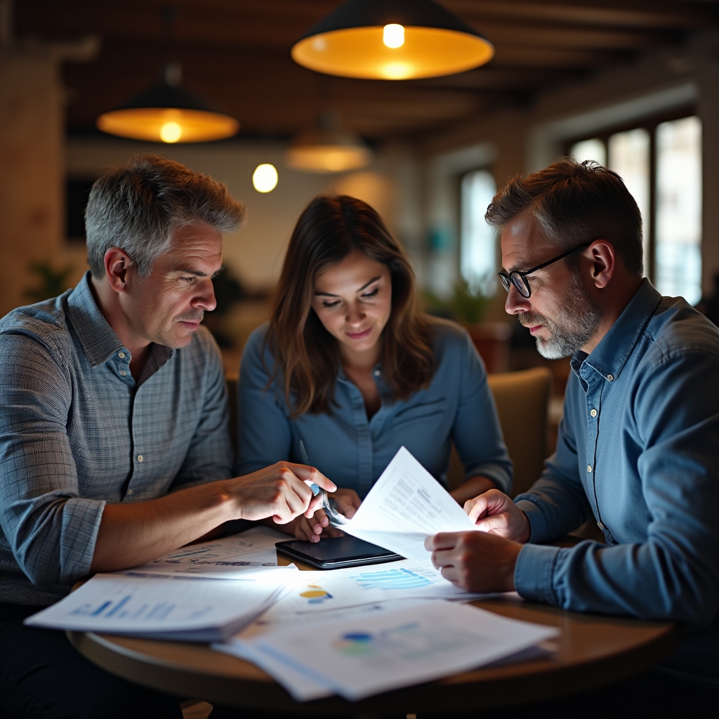 Small marketing team reviewing printed reports together at a table