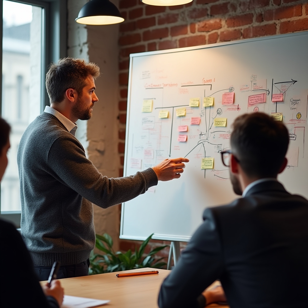Facilitator guiding a team through a hand-drawn customer journey map on a whiteboard